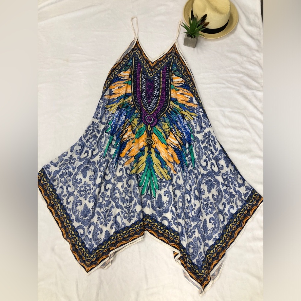 BRAEVE Boho Bohemian Multi Color Print Bandana Handkerchief Summer Midi Dress